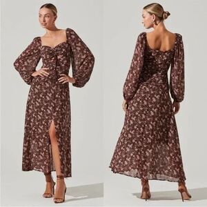 Astr Floral Midi Dress in Brown and Pink